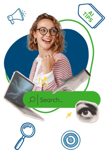 Business woman pointing to the AI Prompts downloadable.