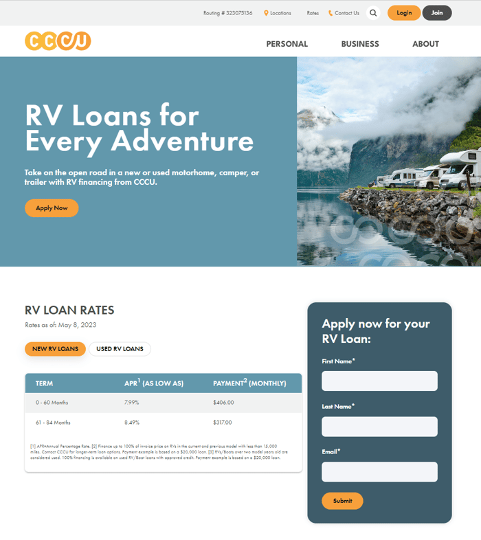 CCCU RV Loan Page with Online Application