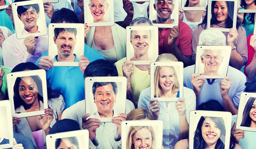 Collage of people holding up their faces on a tablet showing impact of social media.