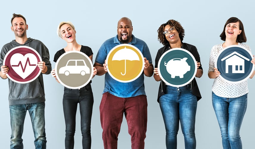 Diverse people holding signs with various lending and insurance products.