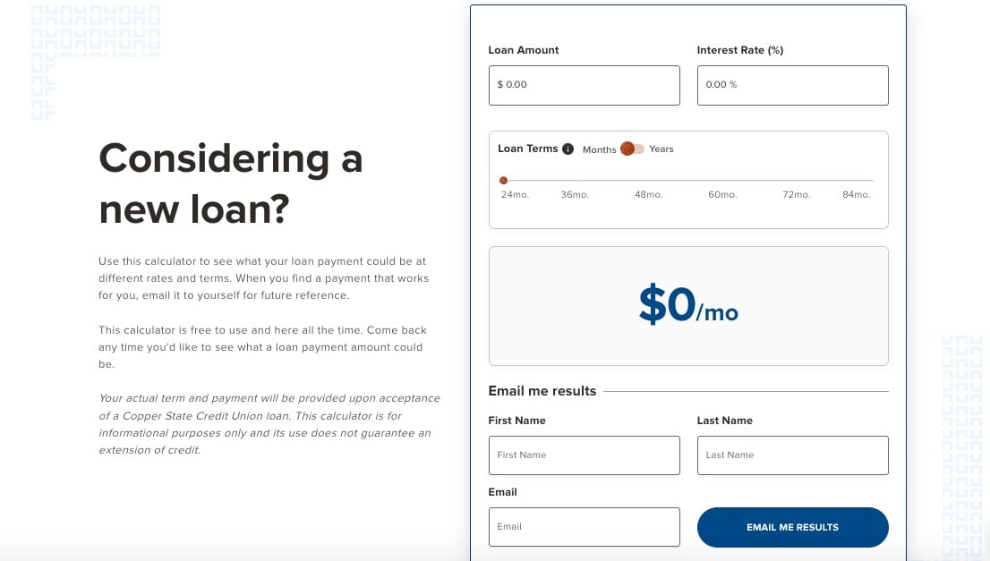 Copper State Credit Union Website Loan Calculator