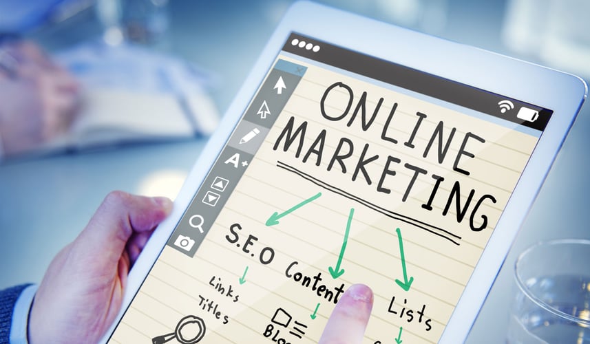 Tablet showing online marketing, seo, and content strategy.