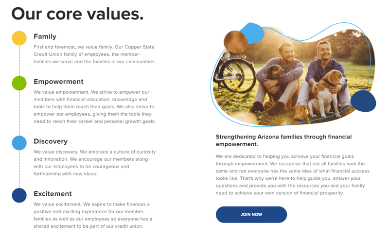 Copper State CU Core Values on Website Landing Page