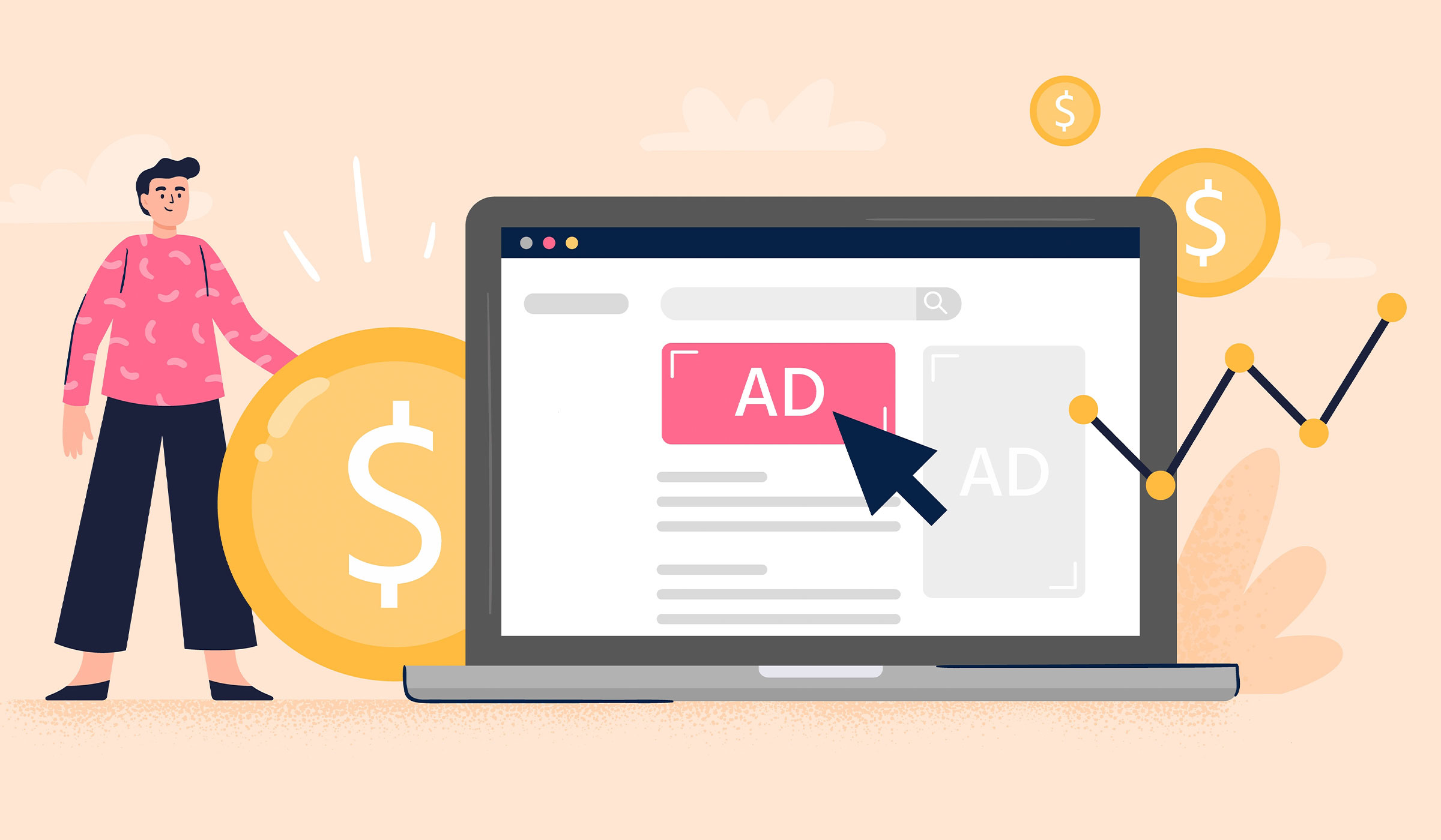 Person-standing-by-money-and-a-successful-digital-ad.